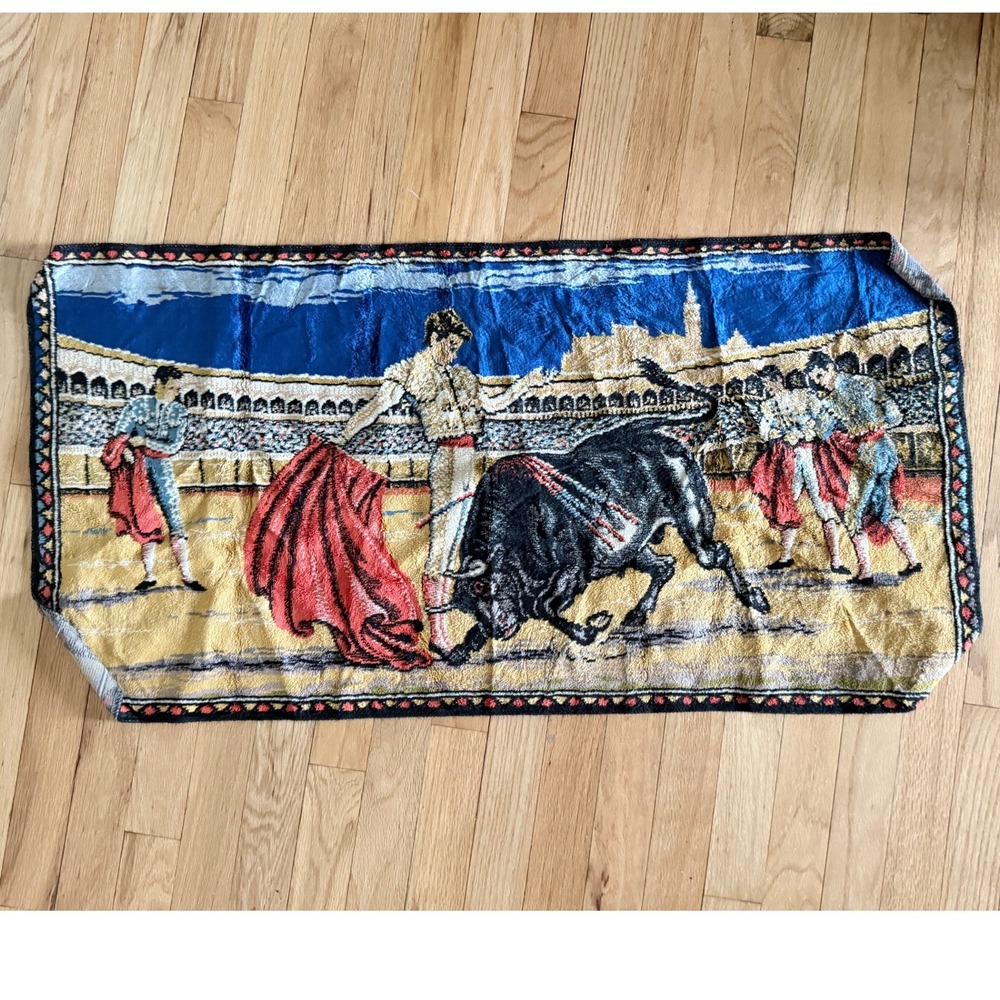 Vintage Spanish Bullfighting Tapestry Matador Woven Wall Hanging Blue Gold Red